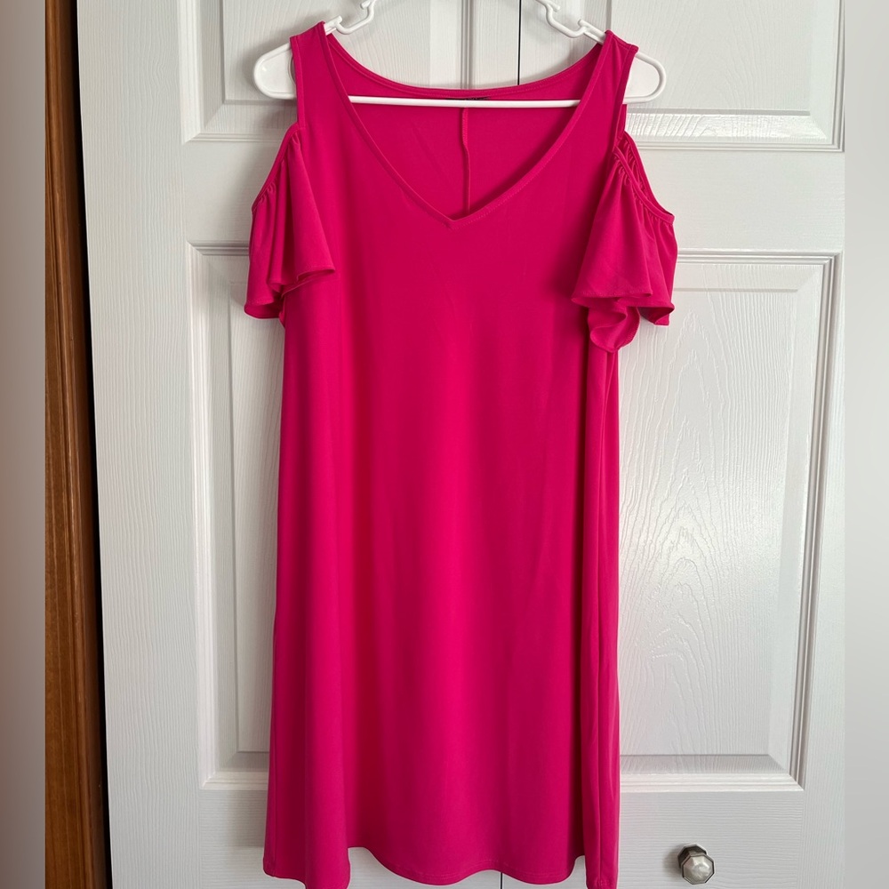 Pink cold shoulder above the knee dress. Unsure of size but fits like L.